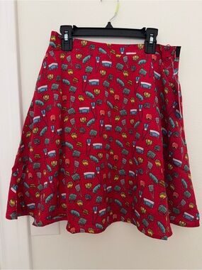 Red Printed Circle Skirt with Playful Multicolor Motif
